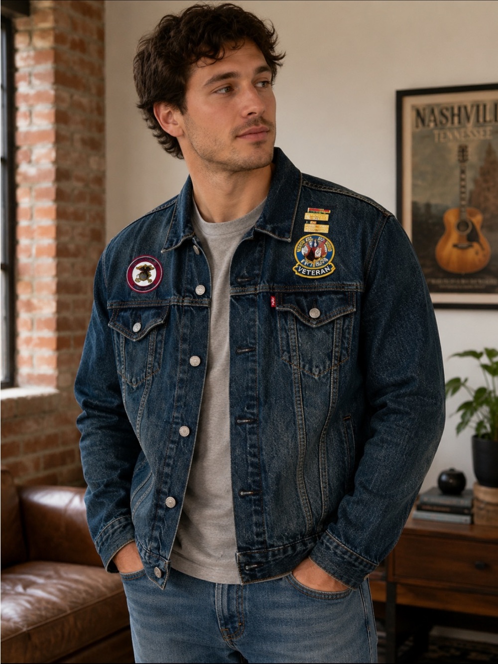 Levi's Dark Blue Denim Trucker Jacket with Colorful Embroidered Patches Veteran